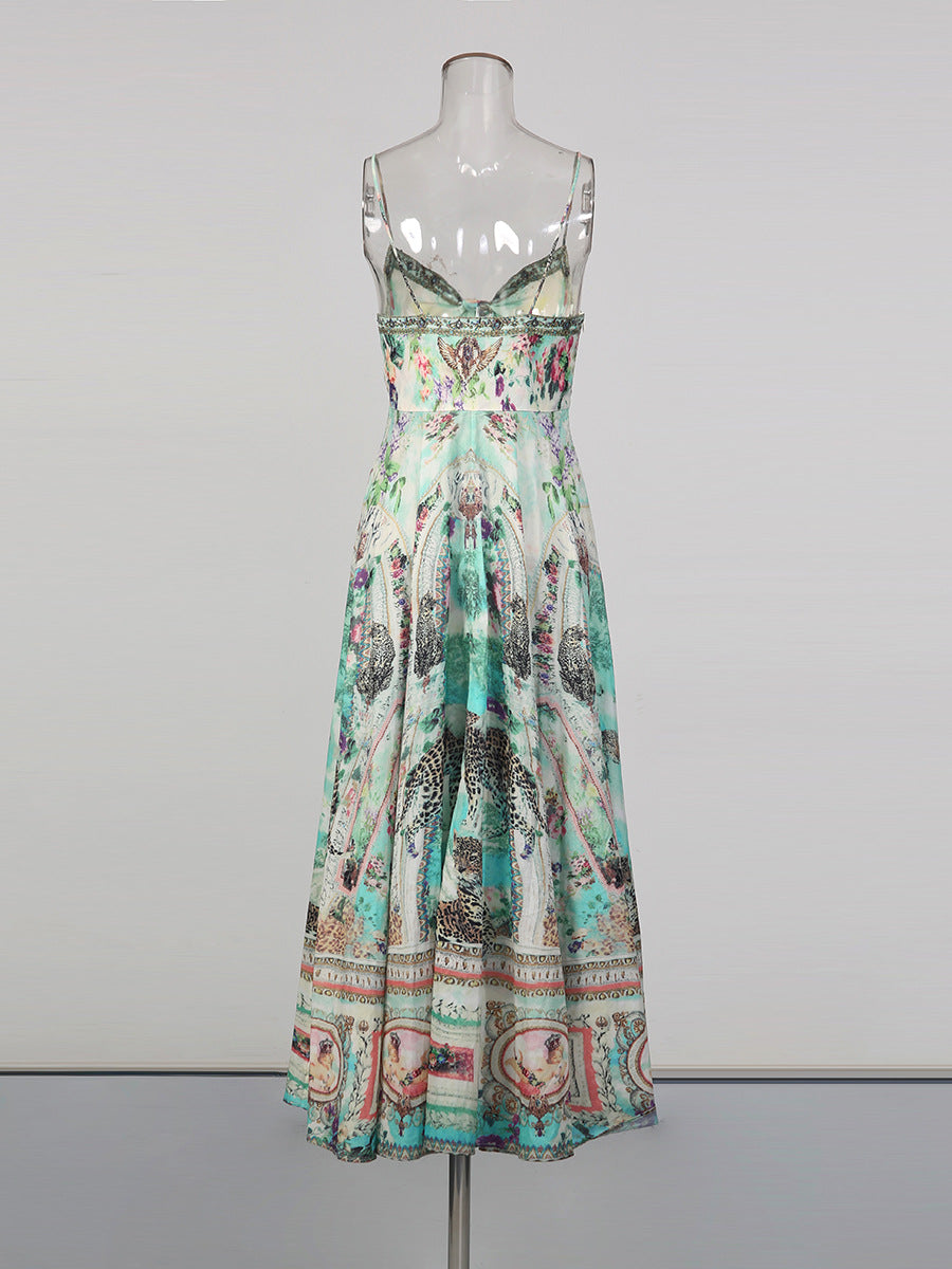 Bohemian print ruffled hem maxi dress - green