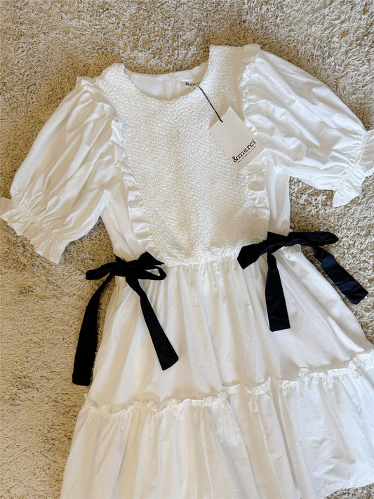 bow ruffled lantern sleeve pocket cotton dress