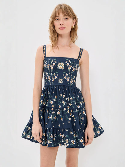 strapless backless floral print layered mini dress