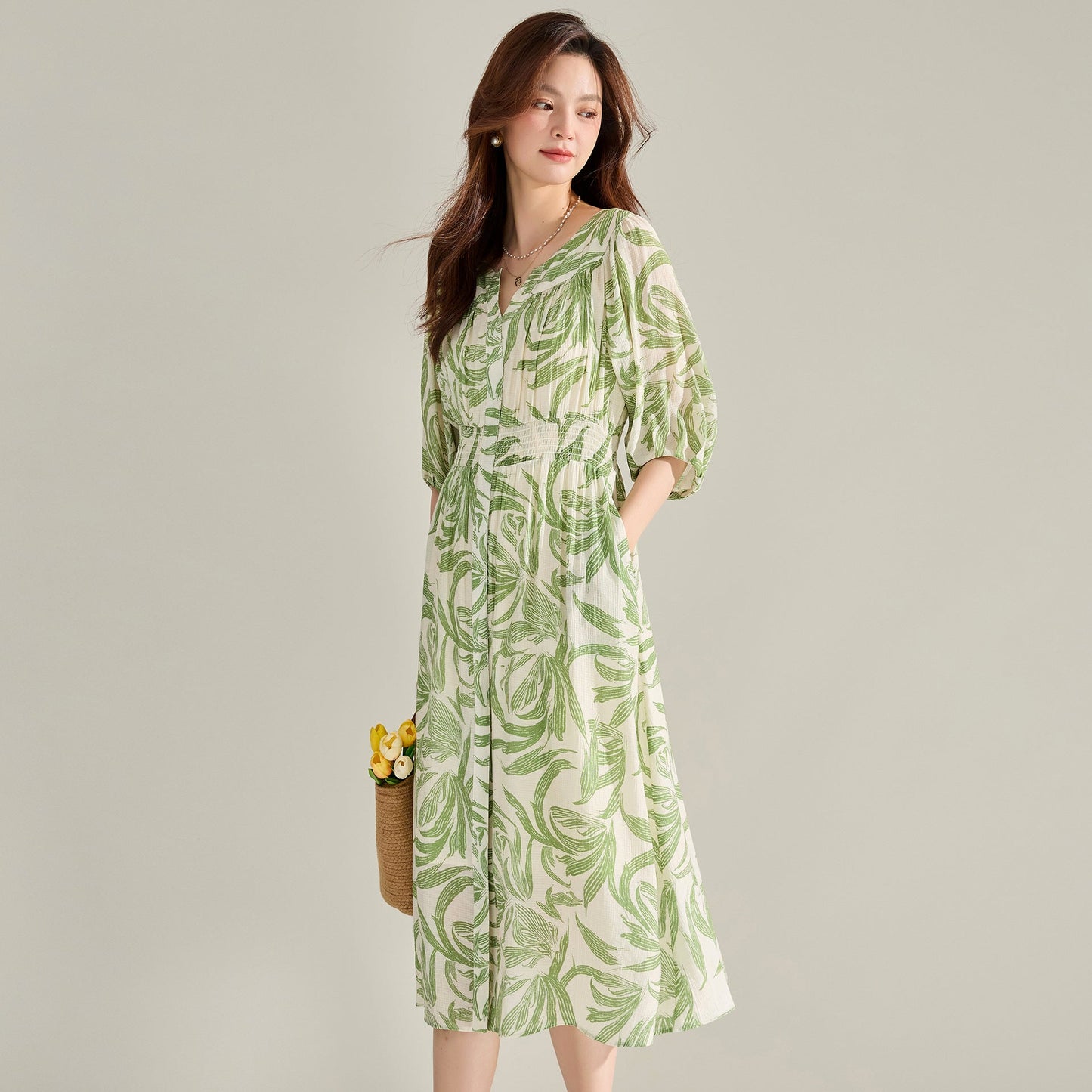 Green floral print midi dress with lantern sleeves