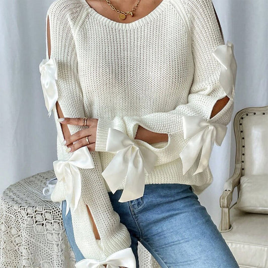 Cream Knit Cold Shoulder Sweater with Ribbon Bow Detail Premium Fabric - product view 1