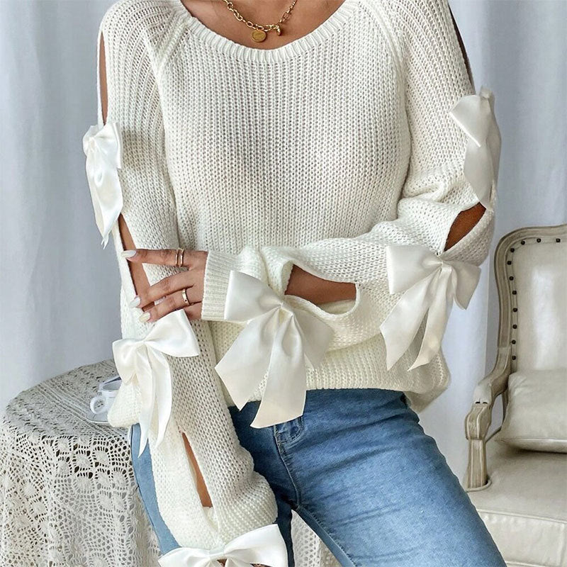 Cream Knit Cold Shoulder Sweater with Ribbon Bow Detail Premium Fabric - product view 1