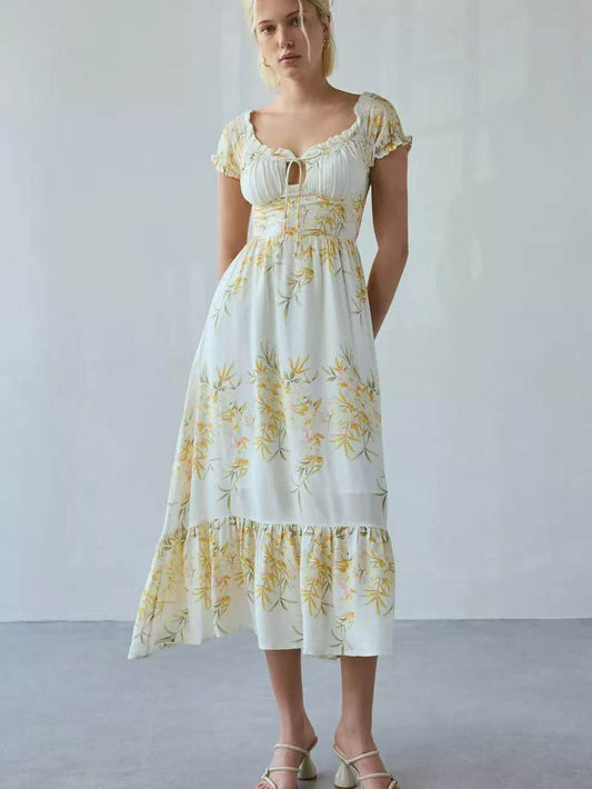 yellow floral pleated puff sleeve dress