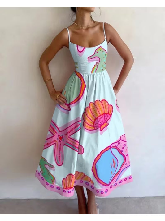 Marine life print sleeveless camisole midi dress