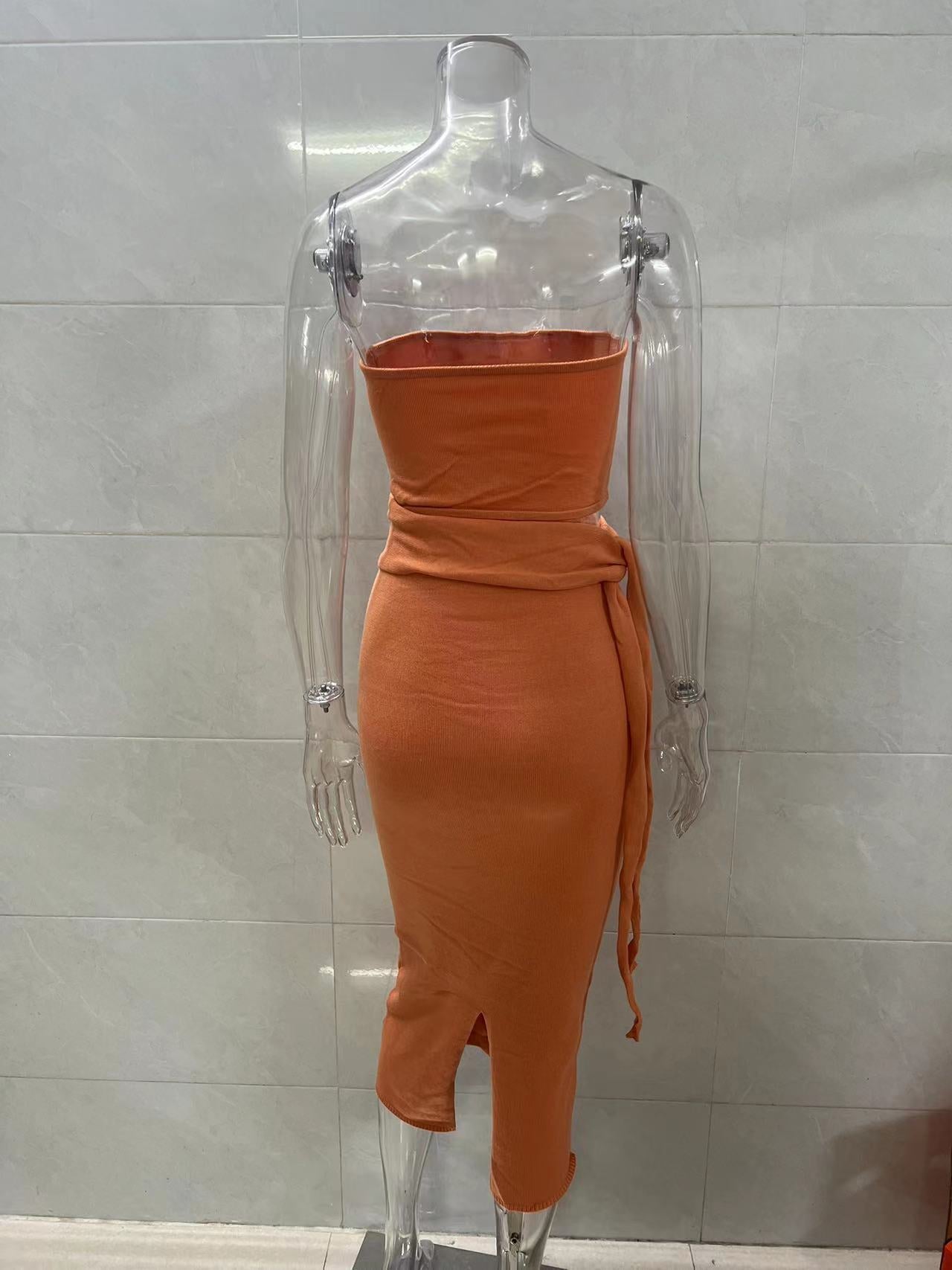 orange cut-out backless bandeau lace-up knitted dress