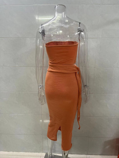 orange cut-out backless bandeau lace-up knitted dress