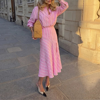 pink Striped Lapel Slit Long Skirt Set