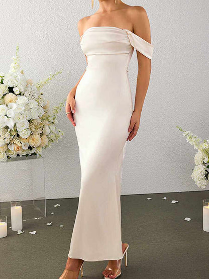 apricot one-shoulder satin maxi dress