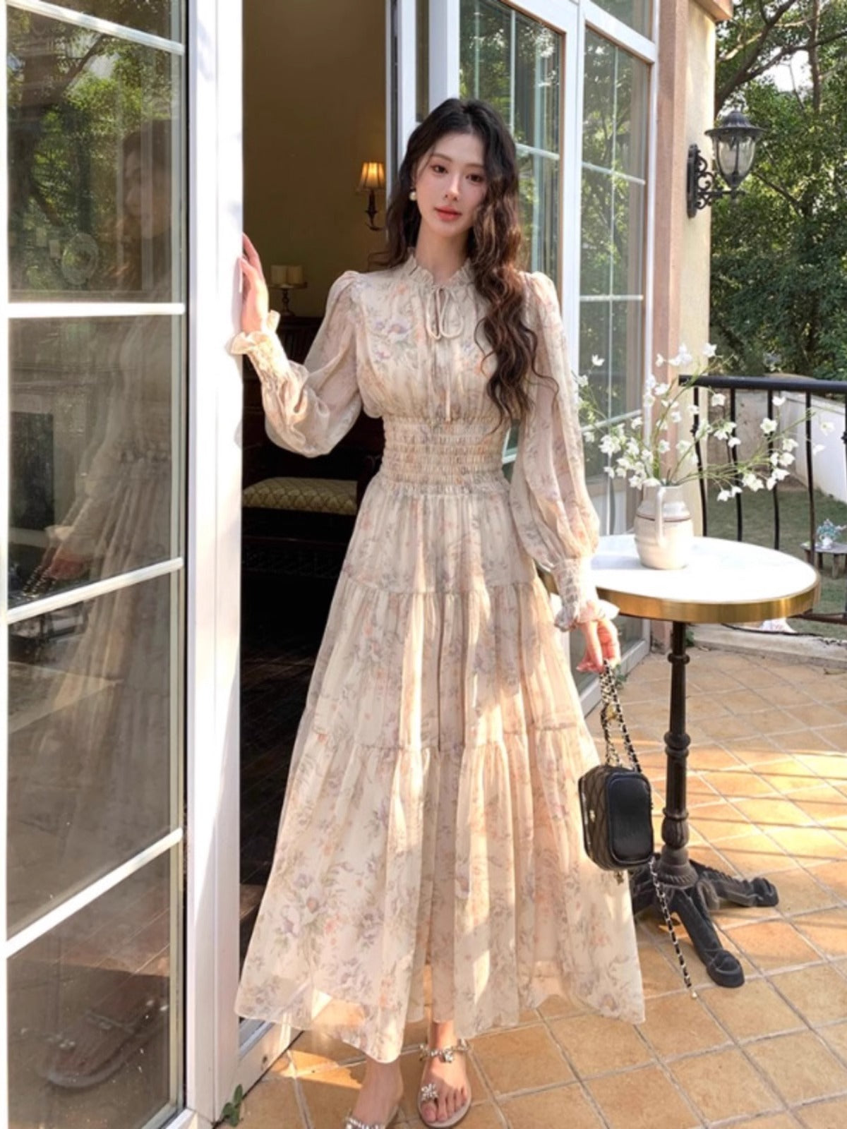 French floral print chiffon maxi dress