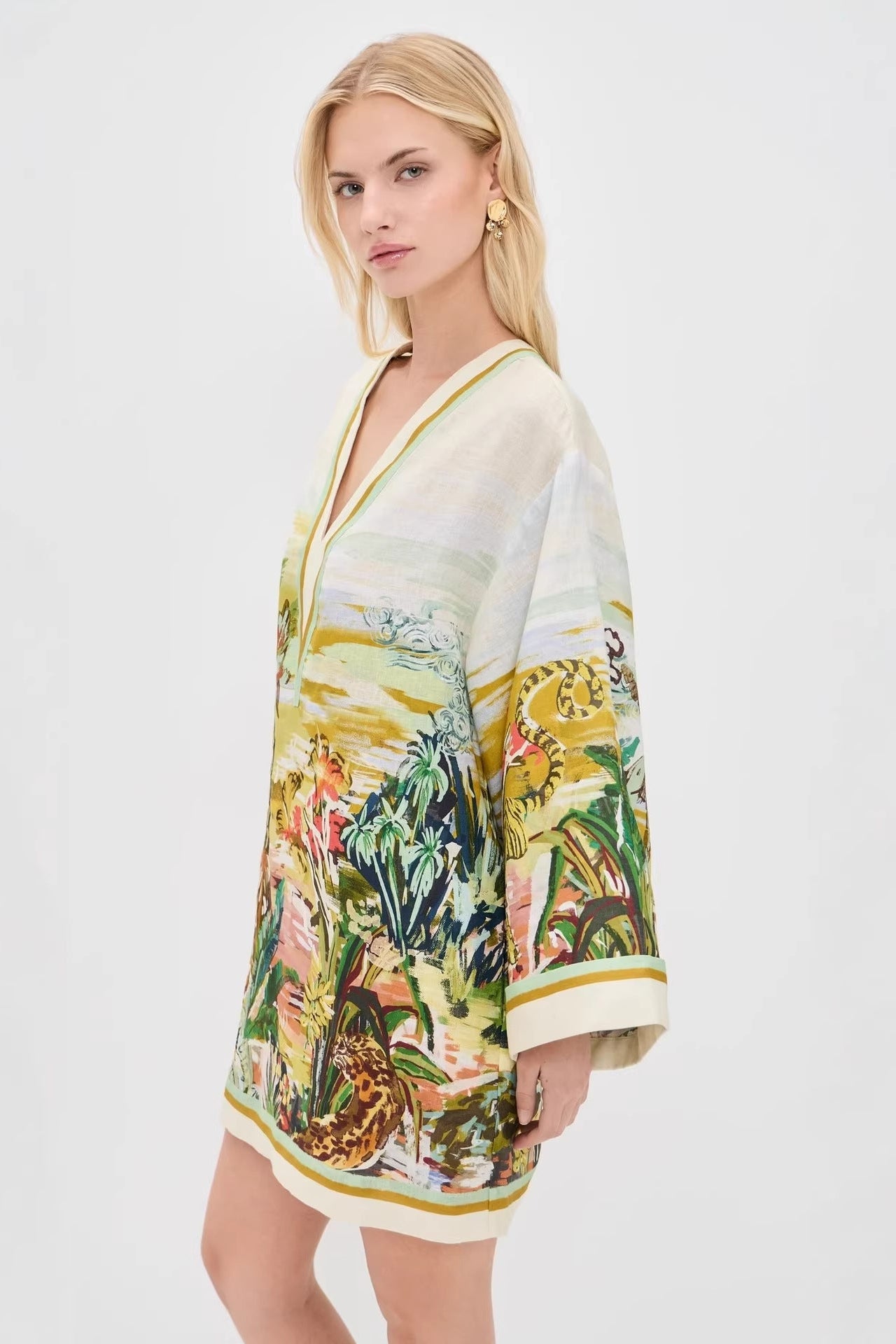 Vacation v-neck print long-sleeved mini dress
