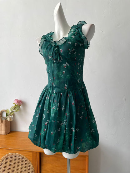 green V-neck floral mini dress