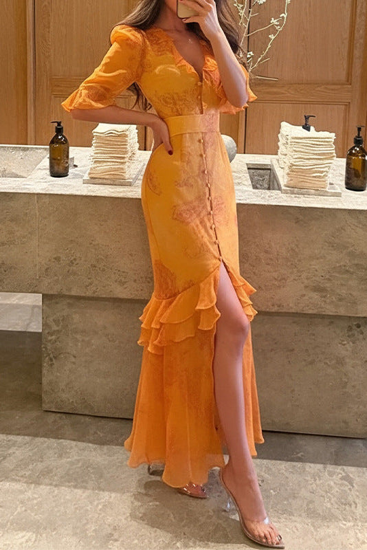 V-neck Vintage-print puff-sleeve slit maxi dress