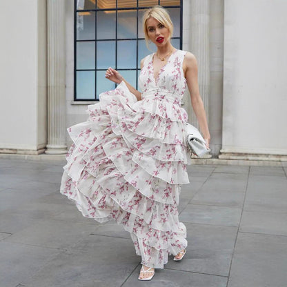 white chiffon print maxi dress