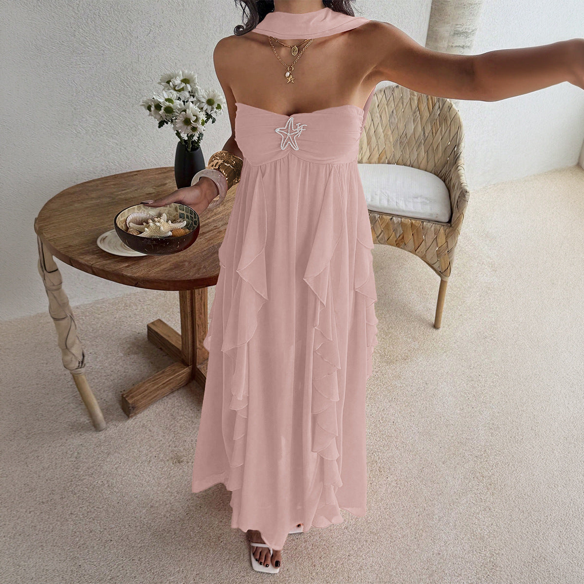 pink bandeau layered ruffled dress