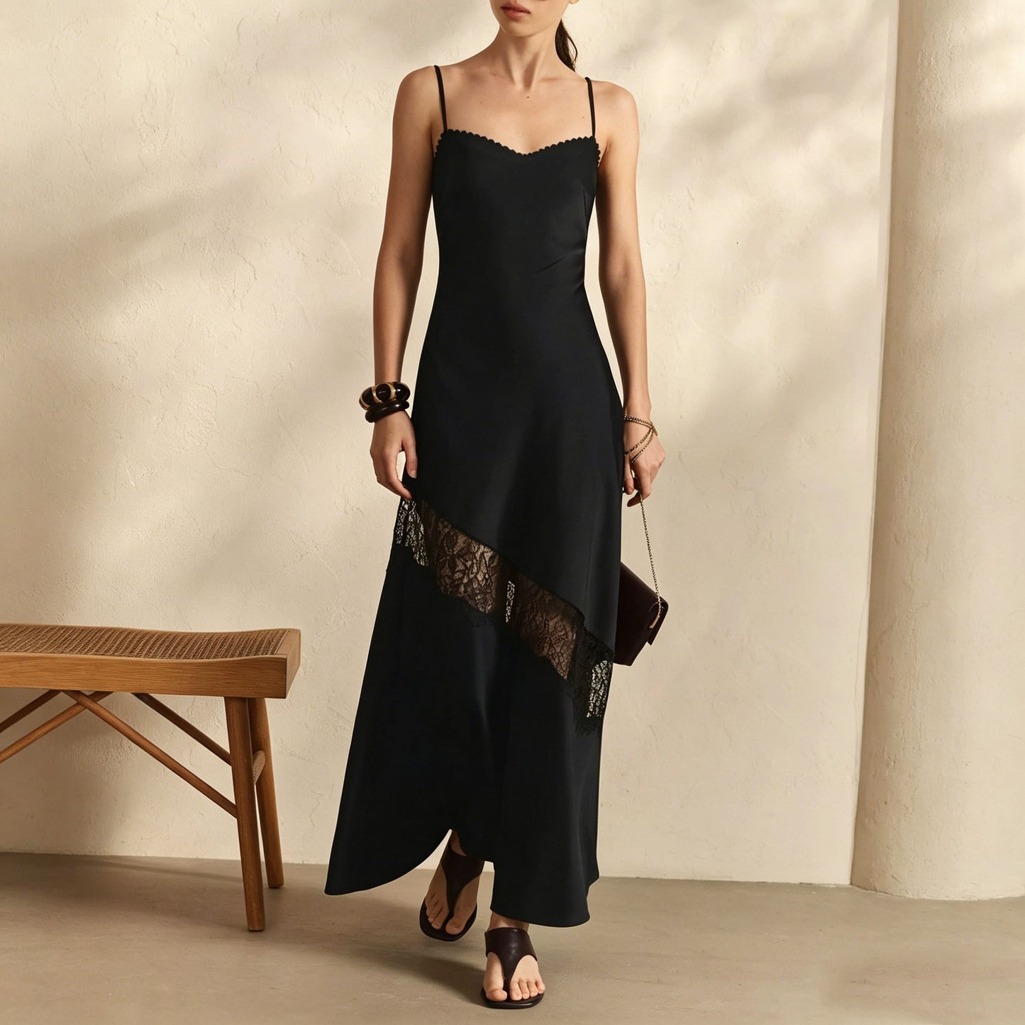 black lace spliced slip dress