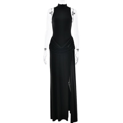 black high slit sleeveless pleated dress