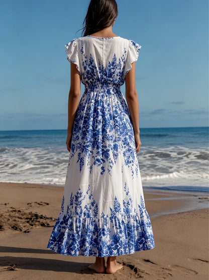 Blue-White Porcelain Print V-Neck Maxi Dress