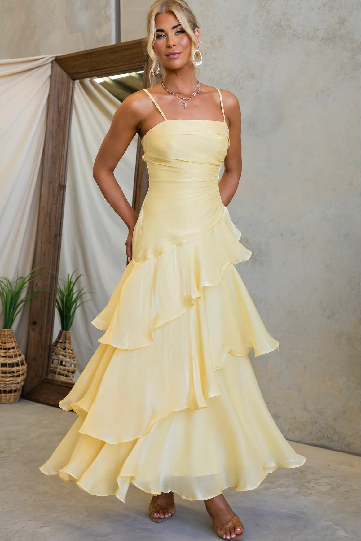 Yellow Tiered Ruffle Maxi Dress Premium Fabric - product view 1