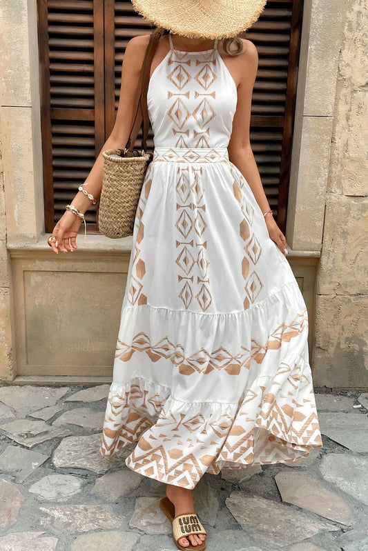 White Camel Tribal Geometric Print Halter Tiered Midi Dress