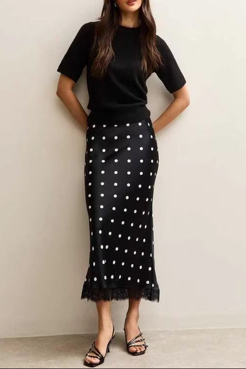 black polka dot lace patchwork midi skirt
