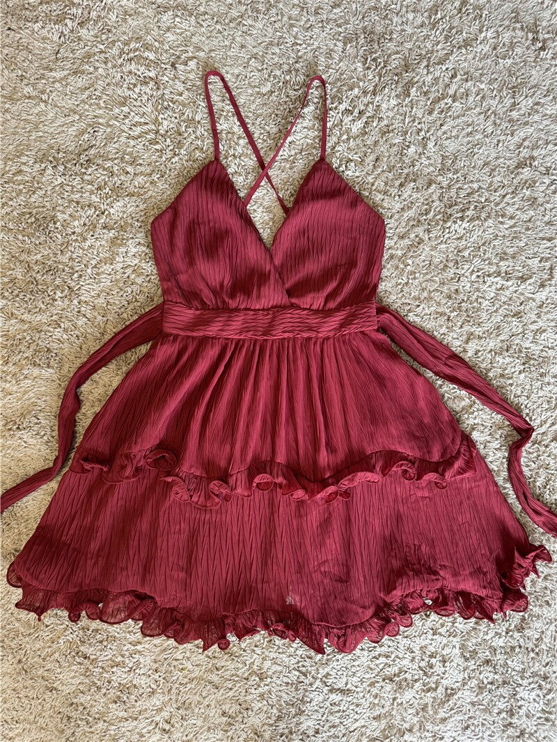 curled V-neck backless bow lace-up dress