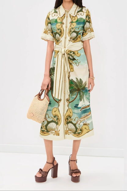 Vacation floral print short-sleeved cardigan maxi skirt with belt - green