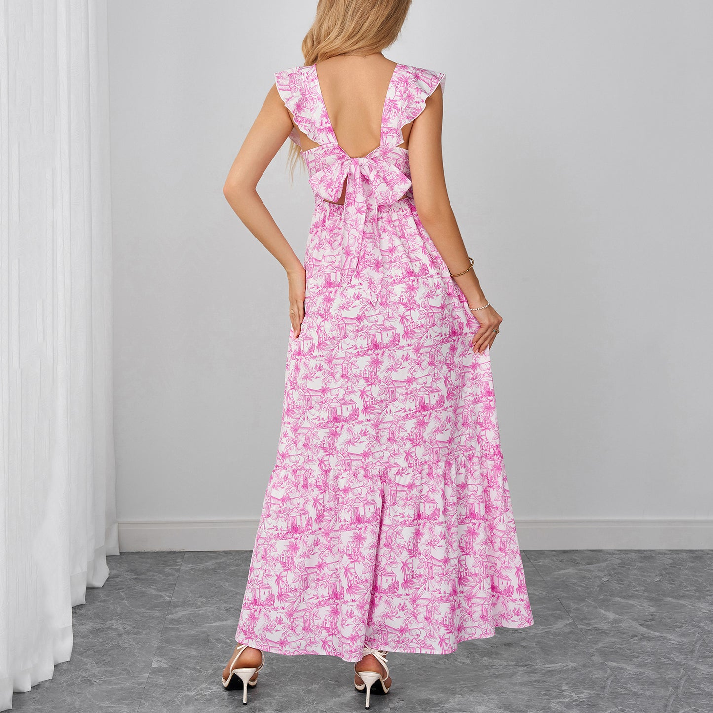 pink printed spaghetti strap V-neck backless tie-up dress