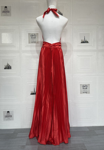red one-shoulder pleated long dress