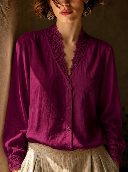 French-style V-neck Lace-panel Blouse