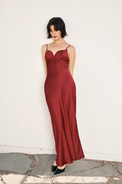 wine red satin slip maxi dress