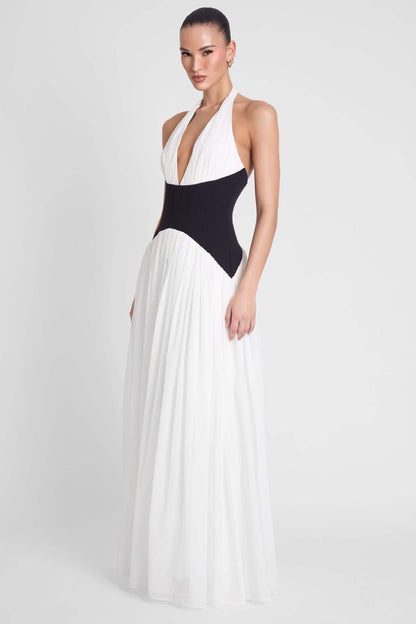 black and white suspender backless maxi dress