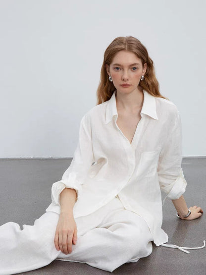 white V-neck linen long-sleeved shirt