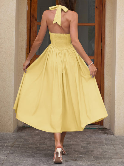 yellow halterneck strap backless midi dress
