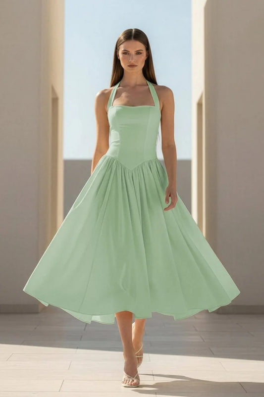 mint green Halter Strappy Backless midi Dress