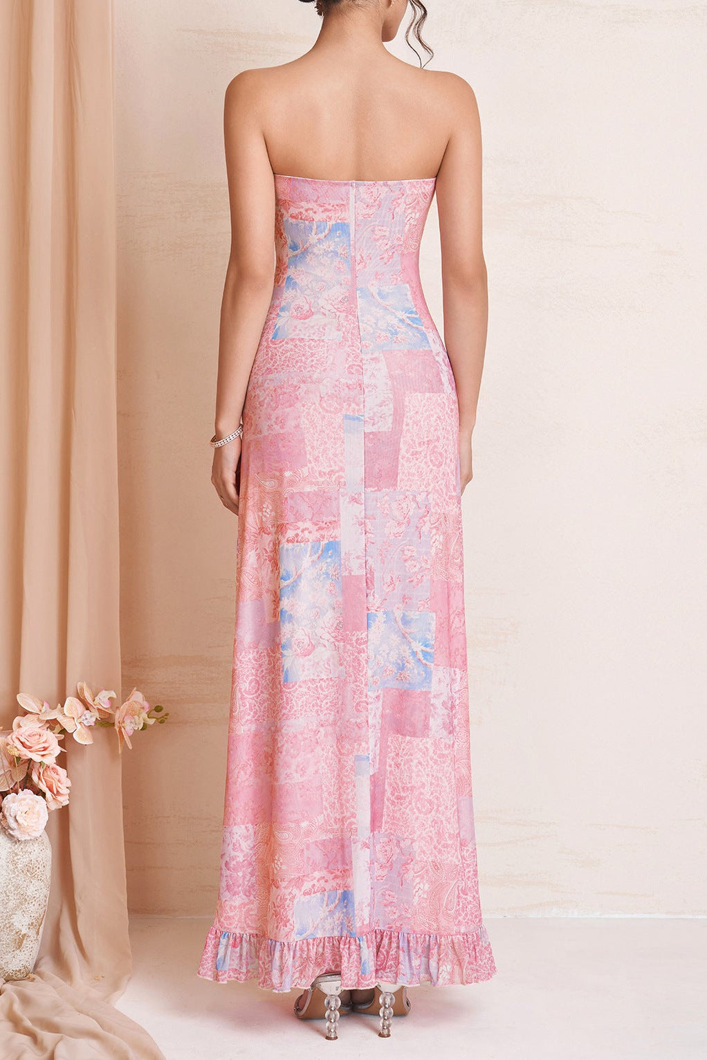 Patchwork Floral Strapless Tie Front Maxi Dress