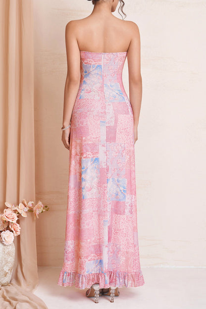 Patchwork Floral Strapless Tie Front Maxi Dress