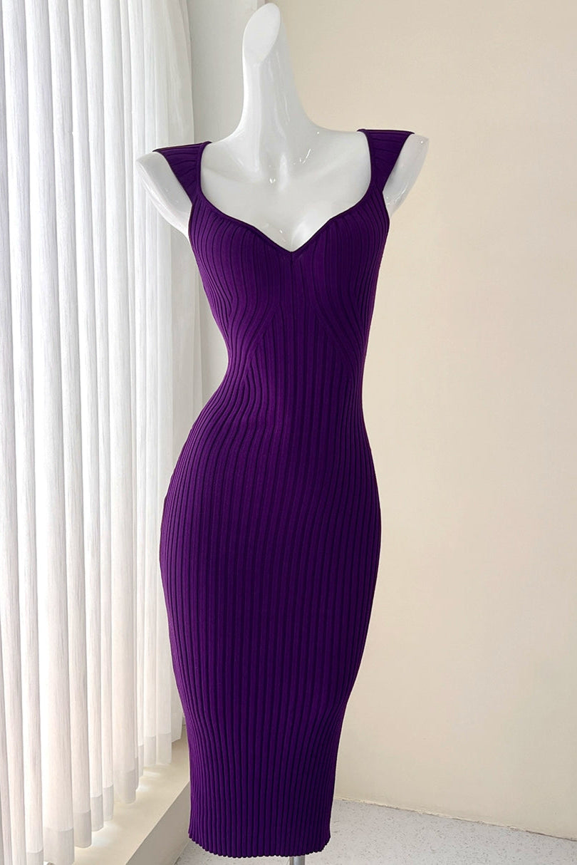 purple sleeveless knitted base V-neck midi dress