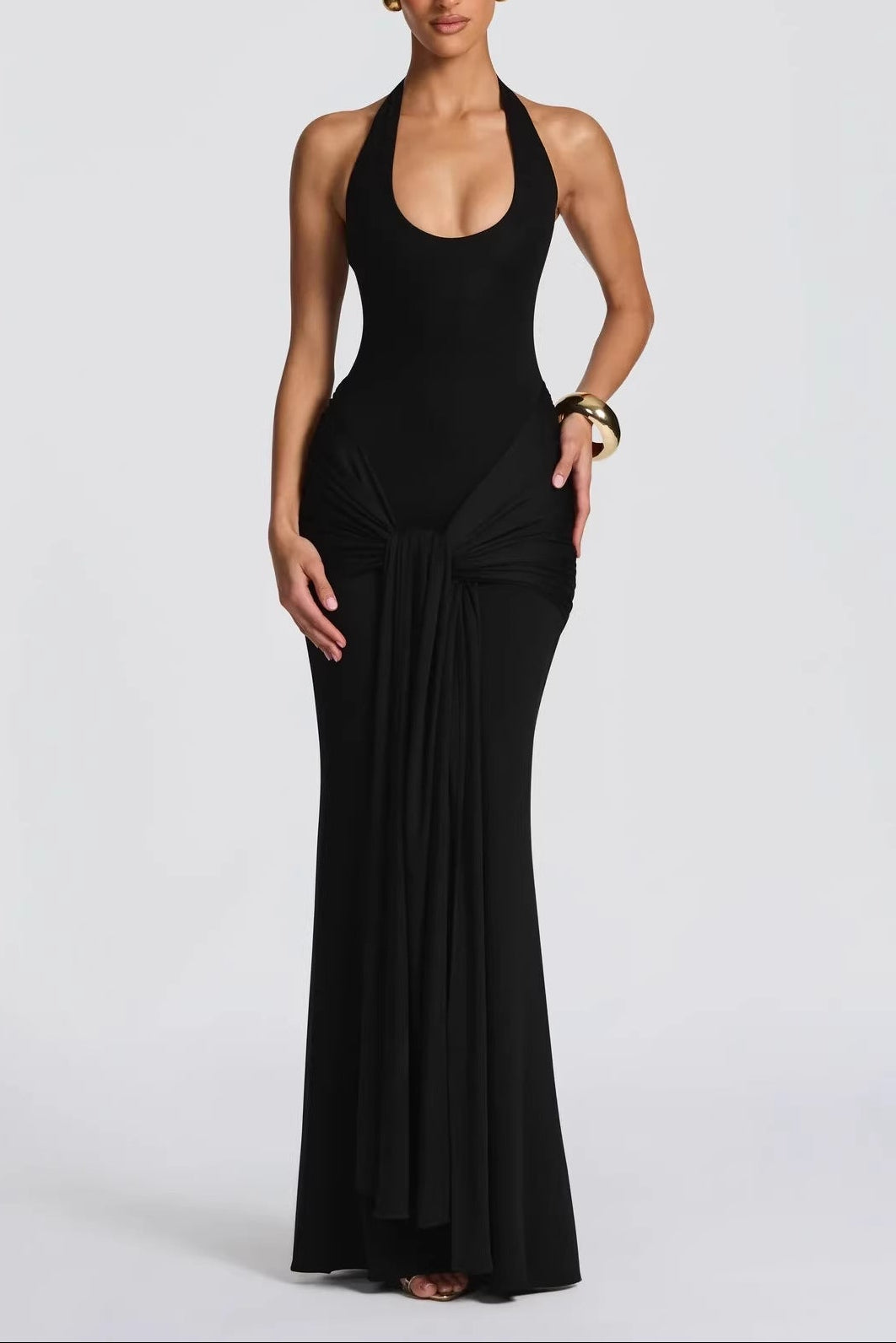 black streamer splicing suspender halterneck dress