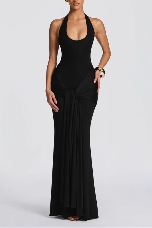black streamer splicing suspender halterneck dress
