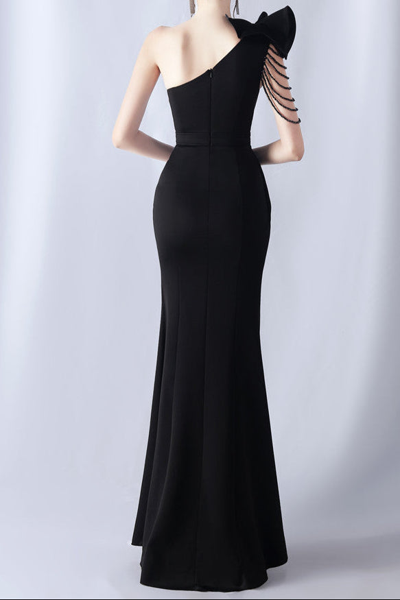 DEBBY BLACK ONE SHOULDER FLOWER CUT OUT SLIT MAXI DRESS