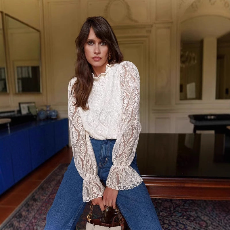 hollow lace long-sleeved top shirt