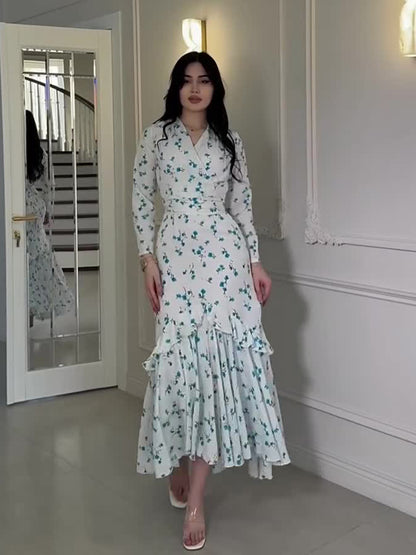 blue long sleeve Floral Ruffle maxi Dress