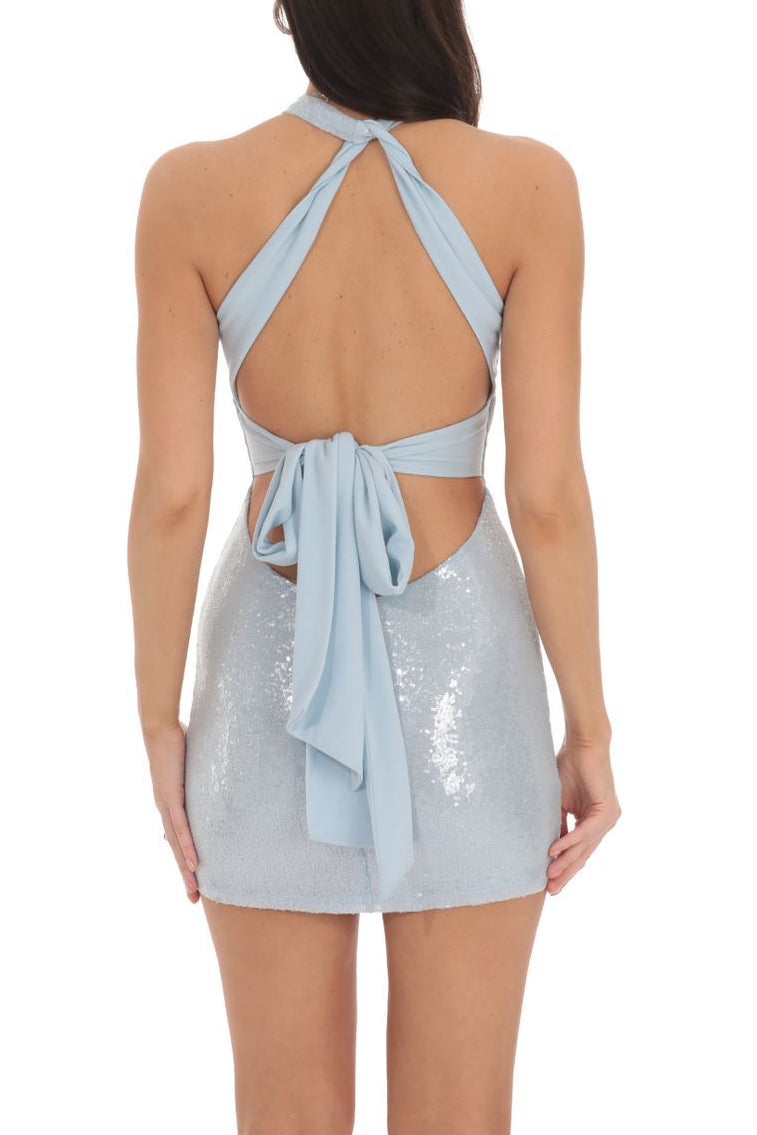 blue sequins halterneck open-back dress