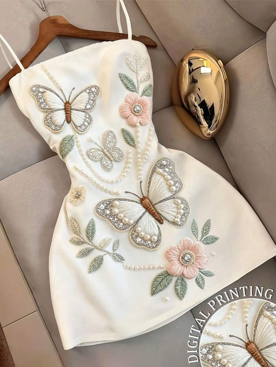 Butterfly floral print embroidered camisole mini dress