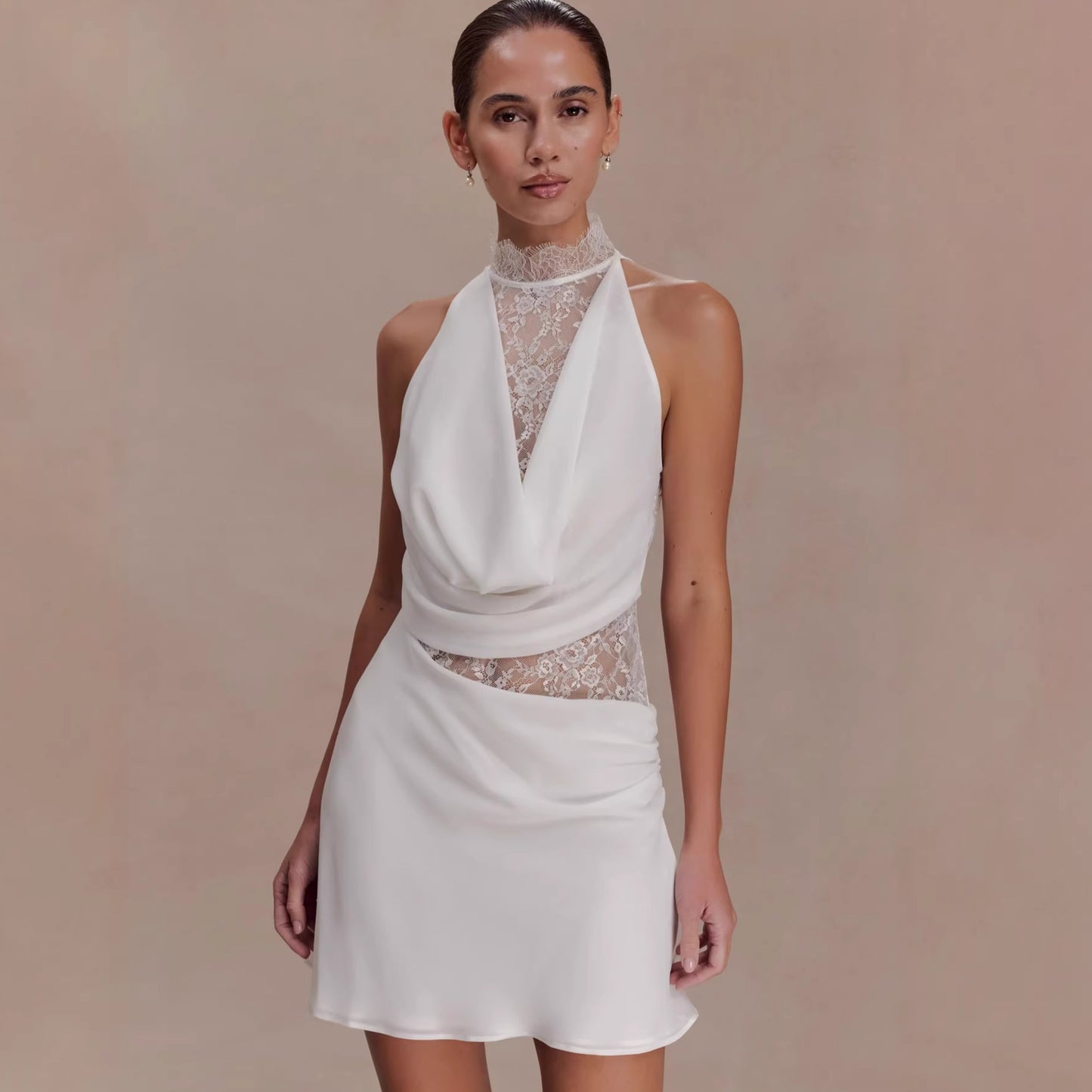 white halterneck lace spliced hip mini dress