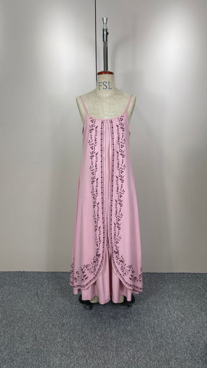 Vintage Embroidered Cotton Floral Maxi Dress