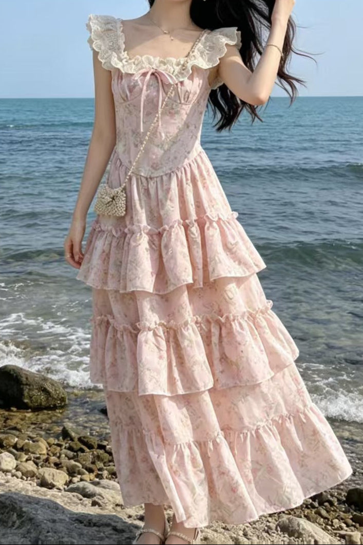 Patchwork square neck A-line tiered maxi dress