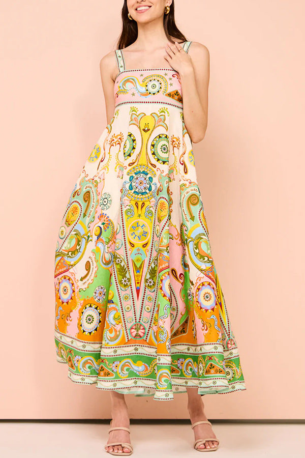 Spaghetti strap graffiti print sleeveless bow flared cotton linen dress