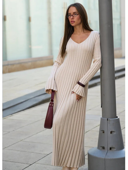 Beige Ribbed Knit Maxi Dress with Bell Sleeves Premium Fabric - product view 1