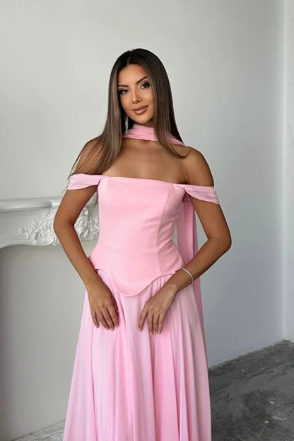 pink Streamer Off-the-Shoulder maxi Dress